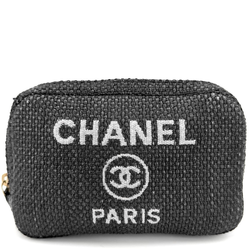 CHANEL シャネル ポーチ ドーヴィル ココマーク 小物入れ ラフィア レザー ブラック 黒 ゴールド金具 レディース【中古品】