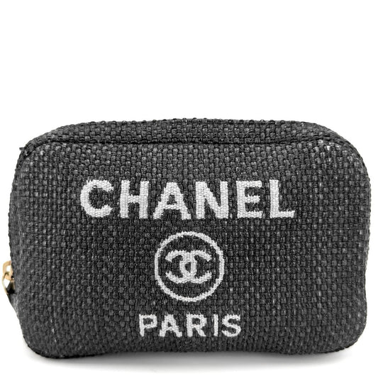 CHANEL シャネル ポーチ ドーヴィル ココマーク 小物入れ ラフィア レザー ブラック 黒 ゴールド金具 レディース【中古品】