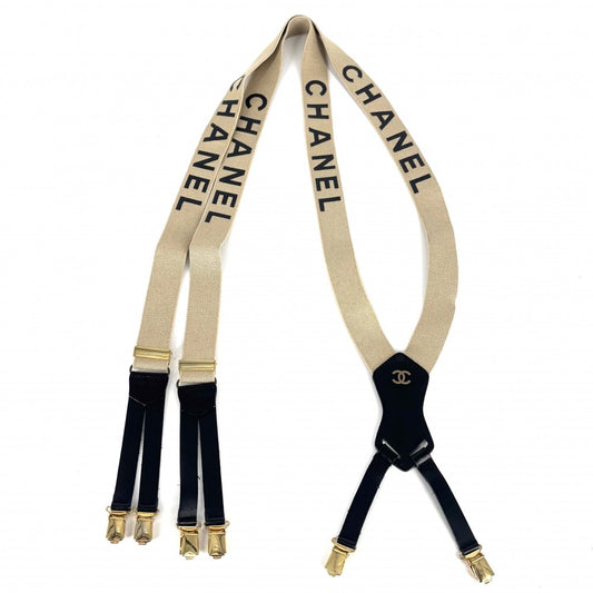 CHANEL シャネル ファッション雑貨 サスペンダー ロゴ ヴィンテージ ファッションアイテム キャンバス レザー ベージュ ブラック 黒 ゴールド金具 レディース【中古品】