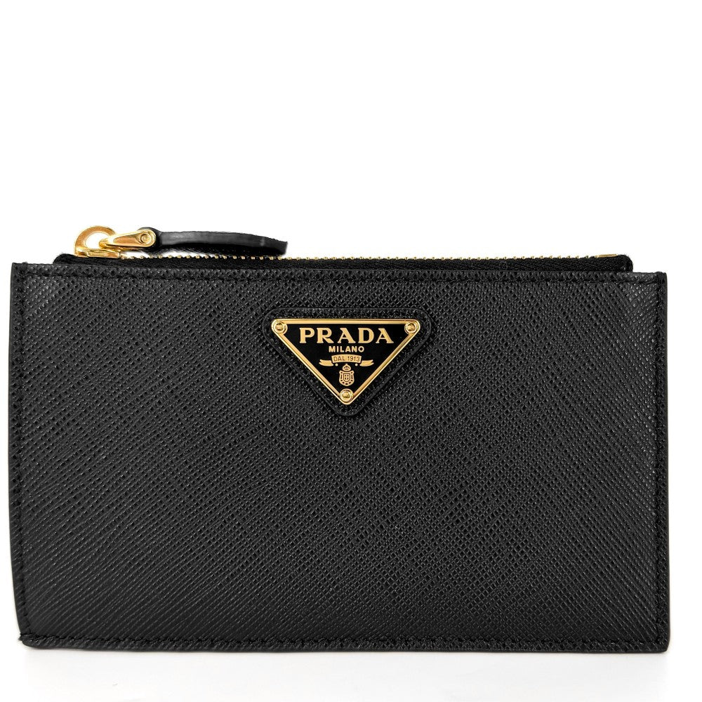 PRADA プラダ カードケース サフィアーノトライアングル カードケース コインケース 小銭入れ 財布 ミニウォレット メンズ レディース 小物 1MC086 レザー ブラック 黒 ゴールド金具 ユニセックス【中古品】