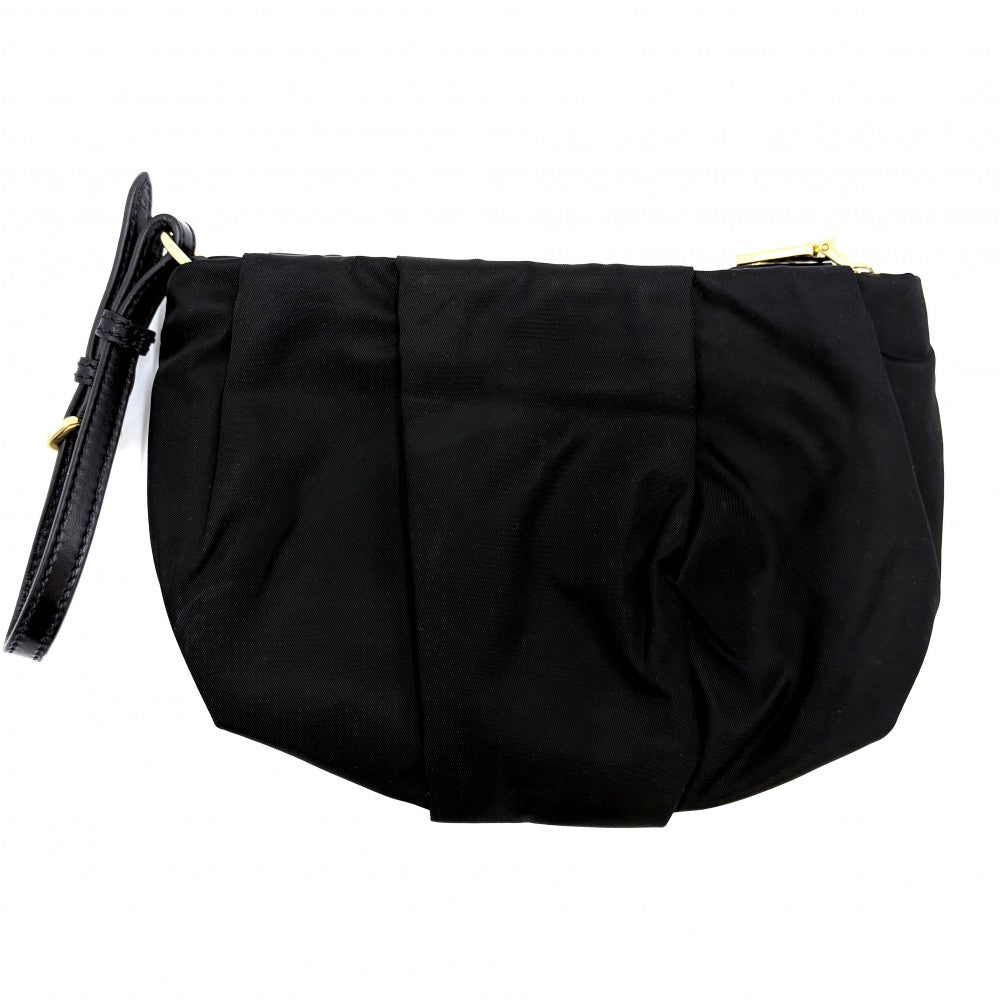 PRADA プラダ ポーチ リボン 1N1422 ナイロン ブラック 黒 ゴールド金具 レディース【中古品】