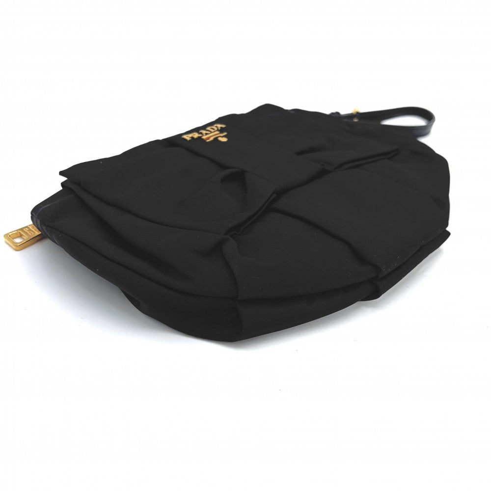 PRADA プラダ ポーチ リボン 1N1422 ナイロン ブラック 黒 ゴールド金具 レディース【中古品】