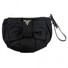 PRADA プラダ ポーチ リボン 1N1422 ナイロン ブラック 黒 ゴールド金具 レディース【中古品】