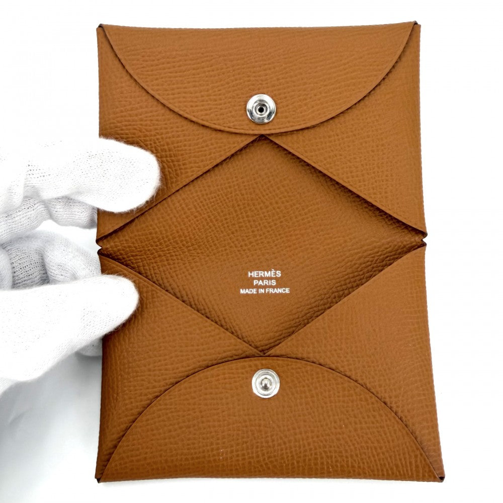 HERMES エルメス カードケース カルヴィ コインケース 名刺入れ 小銭入れ 小物 W刻印 ヴォーエプソン ブラウン 茶 シルバー金具 メンズ 2024年【中古品】