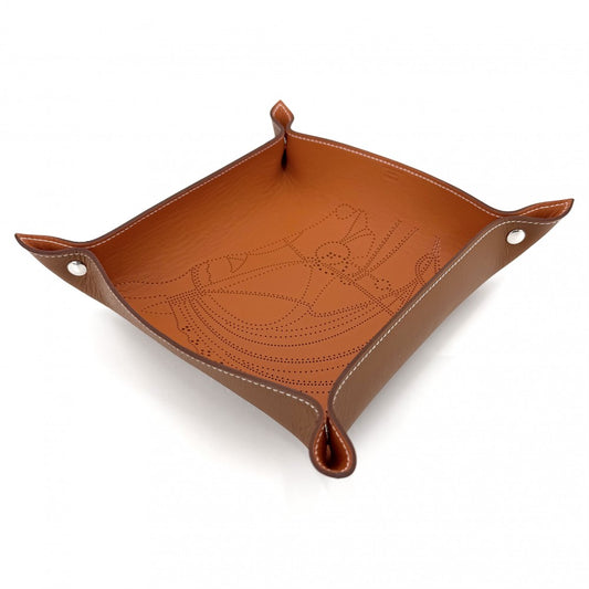 HERMES エルメス 雑貨 ミーズ・エ・ルランス/ローブ・デュ・ソワール ヴィドポッシュ トレイ 小物入れ インテリア メンズ レディース 馬柄 K刻印 レザー ブラウン系 シルバー金具 ユニセックス 2025年【中古品】