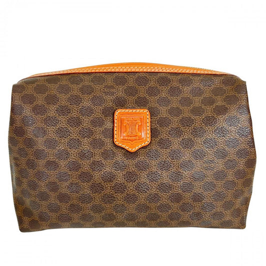 CELINE セリーヌ ポーチ マカダム ロゴ入り PVCコーティングキャンバス カーフ ブラウン 茶 ゴールド金具 レディース【中古品】