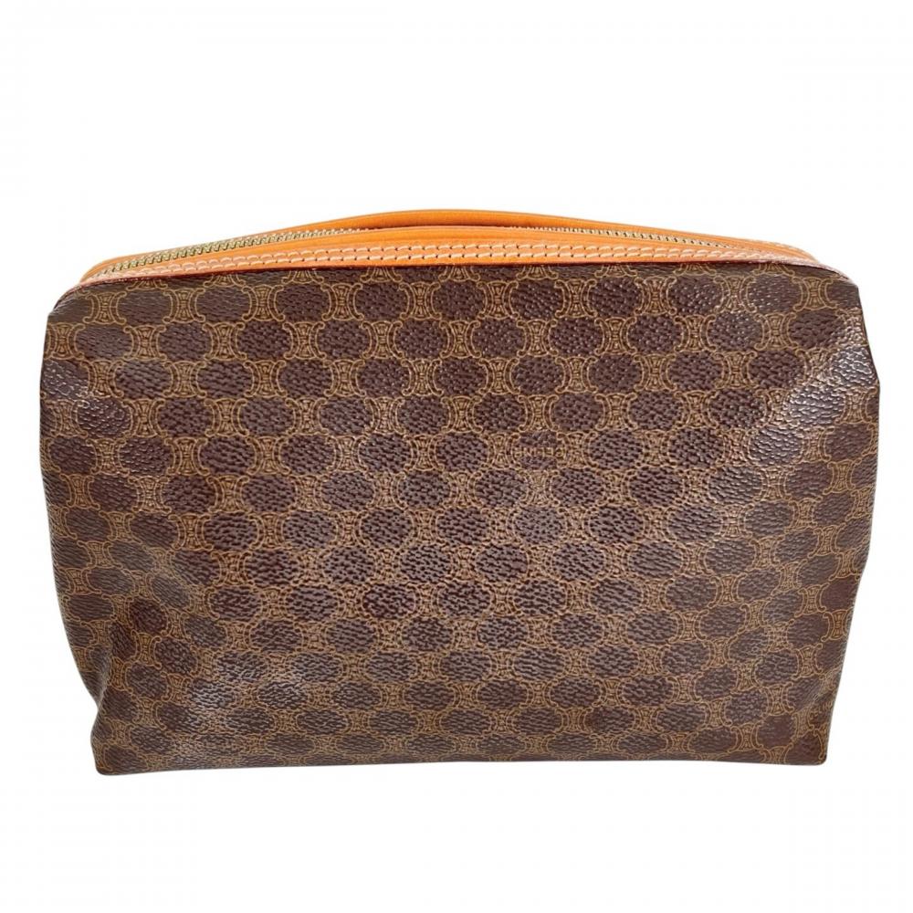 CELINE セリーヌ ポーチ マカダム ロゴ入り PVCコーティングキャンバス カーフ ブラウン 茶 ゴールド金具 レディース【中古品】