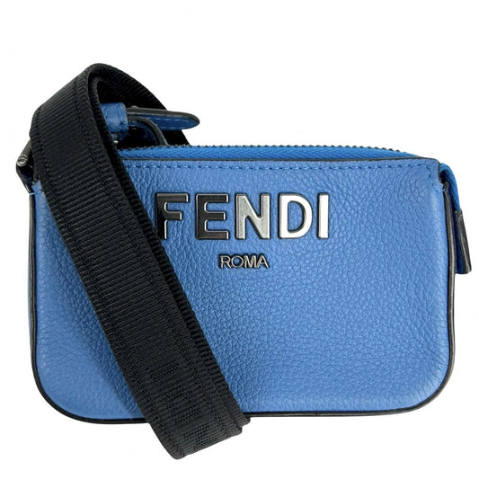 【開店SALE】 FENDI フェンディ ポーチ ショルダーポーチ メンズ レディース 7M0352 レザー ブルー 青 ブラック金具 ユニセックス【中古品】