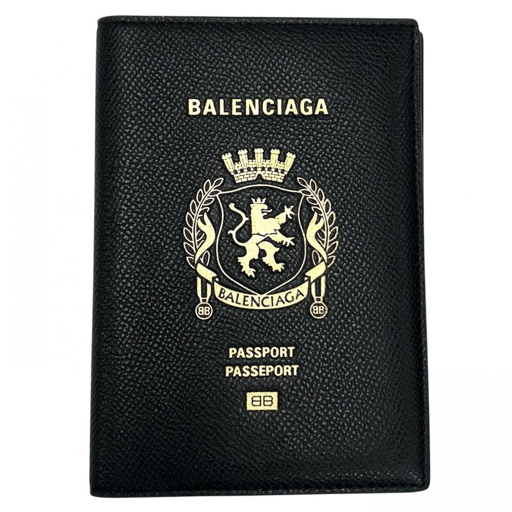BALENCIAGA バレンシアガ パスポートケース ロゴプリント カードケース 787742 レザー ブラック 黒 ゴールド ユニセックス【中古品】
