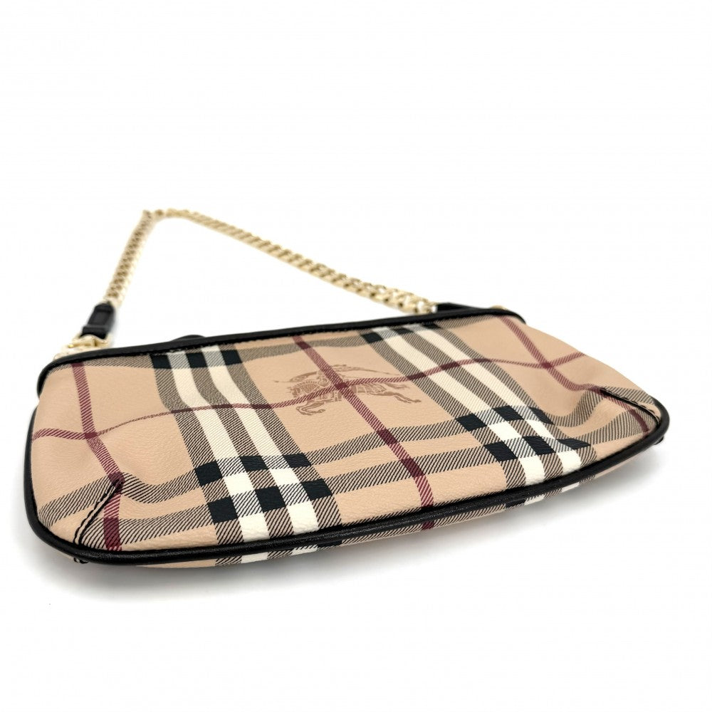 BURBERRY バーバリー ハンドバッグ ノバチェック ミニバッグ ポーチ 3882027 PVCコーティングキャンバス レザー ナイロン ベージュ ブラック 黒 ゴールド金具 メンズ【中古品】