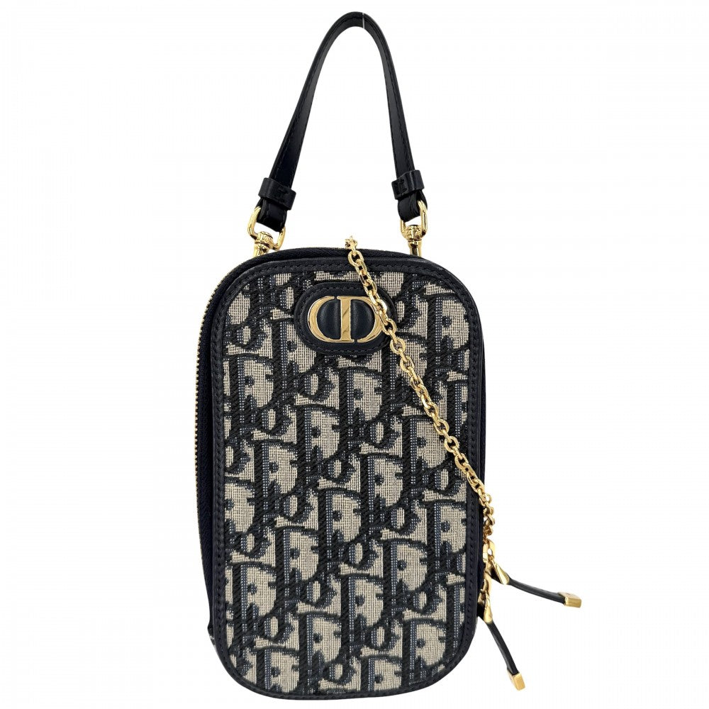 Christian Dior クリスチャンディオール ショルダーバッグ オブリーク 30 モンテーニュ フォンポーチ 30 Montaigne Call'in Dior キャンバス レザー ネイビー 紺 ベージュ ゴールド金具 レディース【中古品】