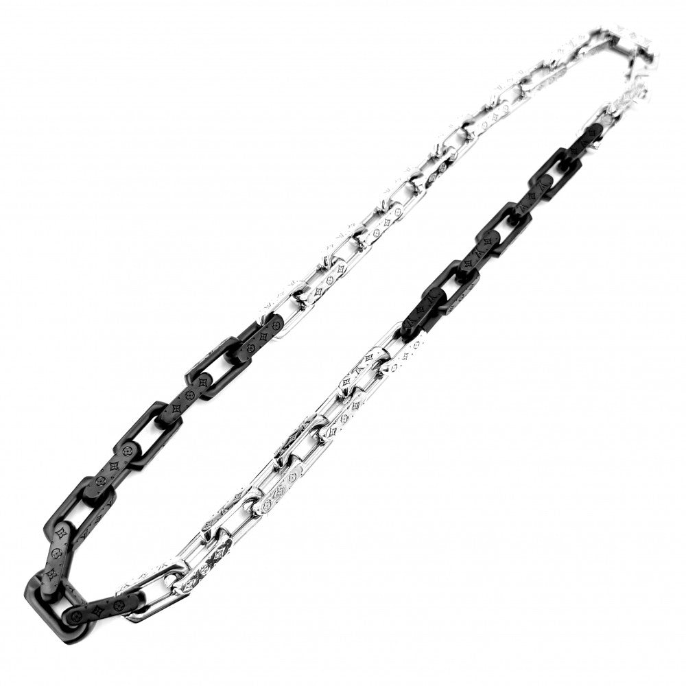 【開店SALE】 LOUIS VUITTON ルイヴィトン ネックレス モノグラムチェーン アクセサリー M00677 シルバー ブラック 黒 メンズ 約132.4g【中古品】