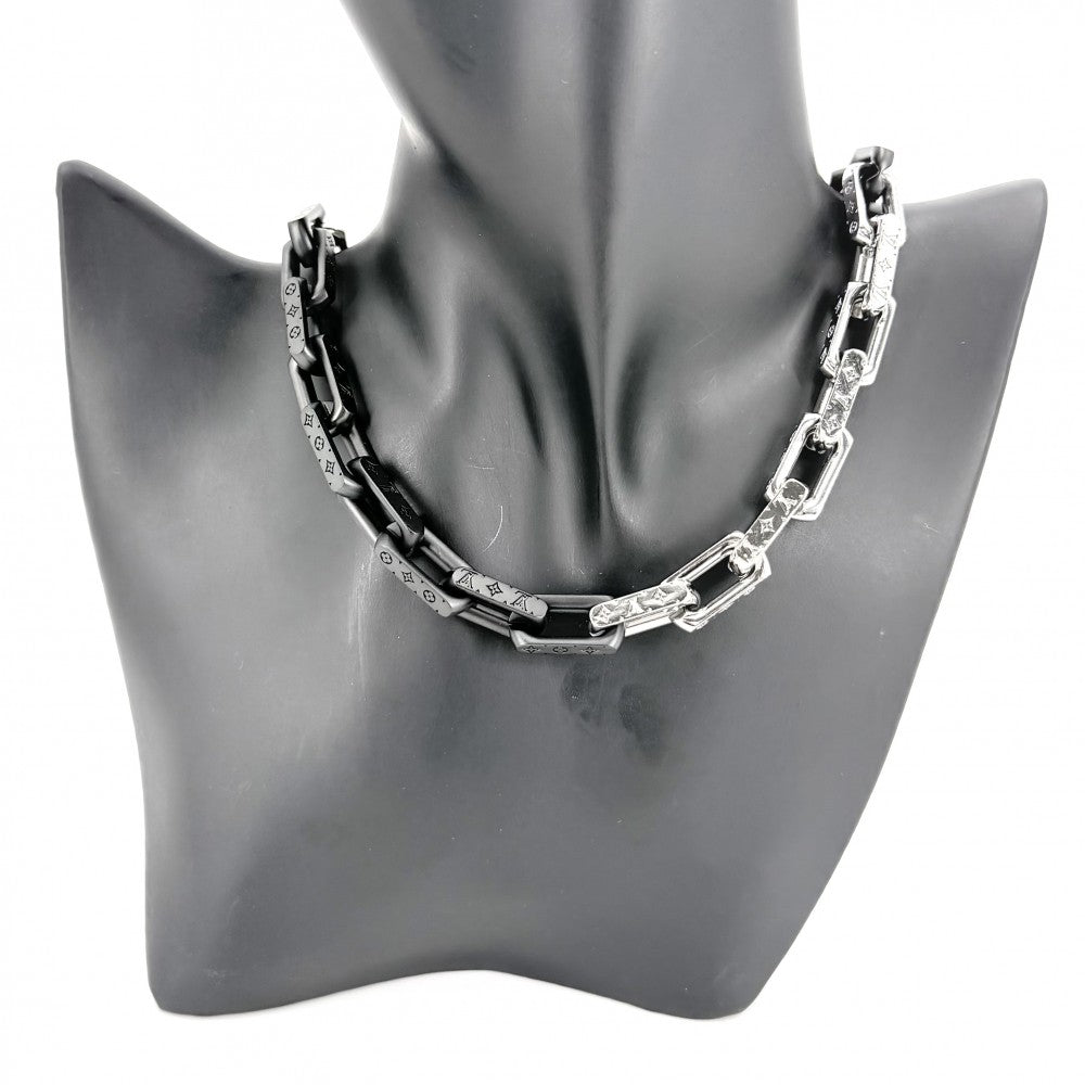 【開店SALE】 LOUIS VUITTON ルイヴィトン ネックレス モノグラムチェーン アクセサリー M00677 シルバー ブラック 黒 メンズ 約132.4g【中古品】