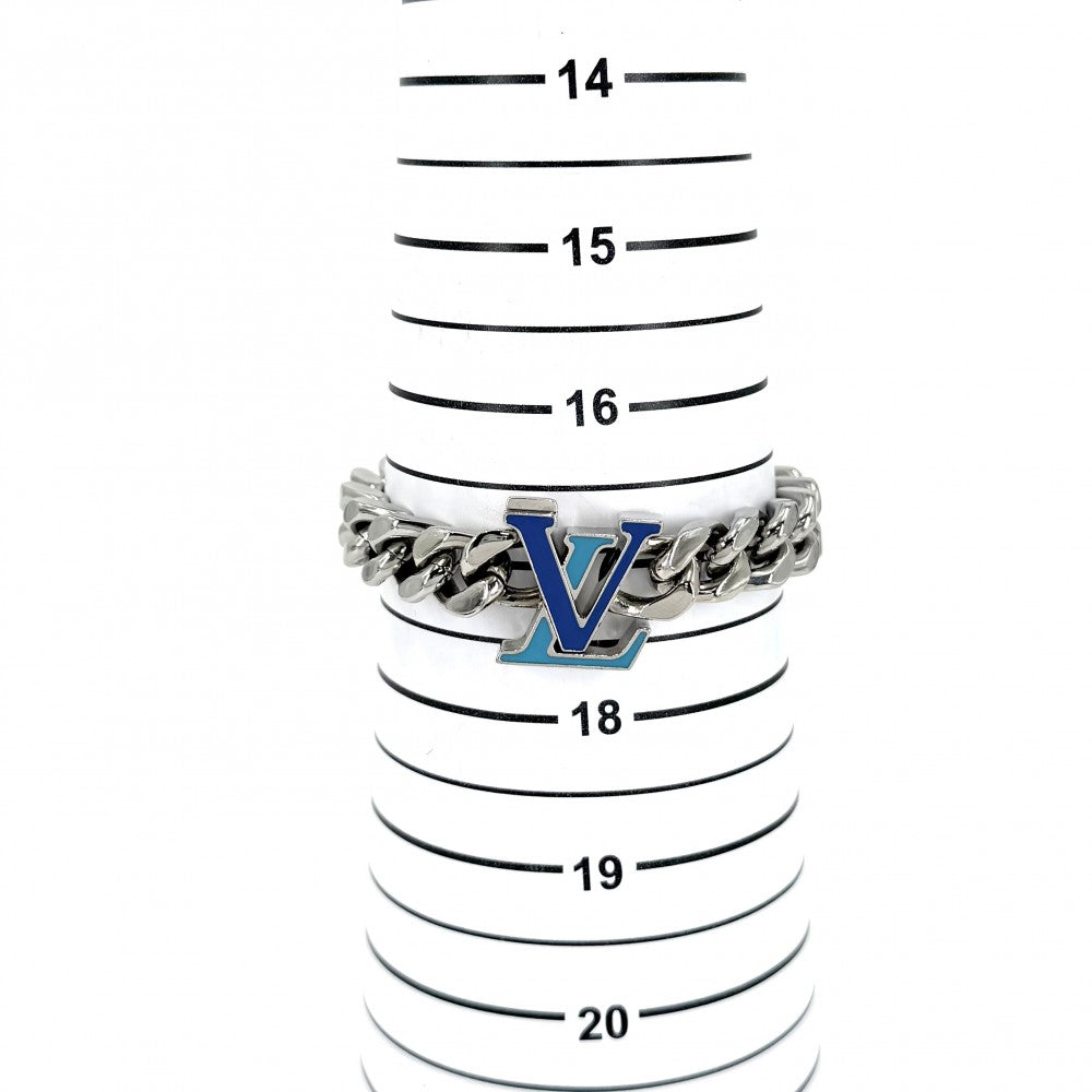 LOUIS VUITTON ルイヴィトン ブレスレット モノグラム ブラスレ・LVチェーン アクセサリー Mサイズ M0919M シルバー ブルー 青 メンズ 約55.9g【中古品】