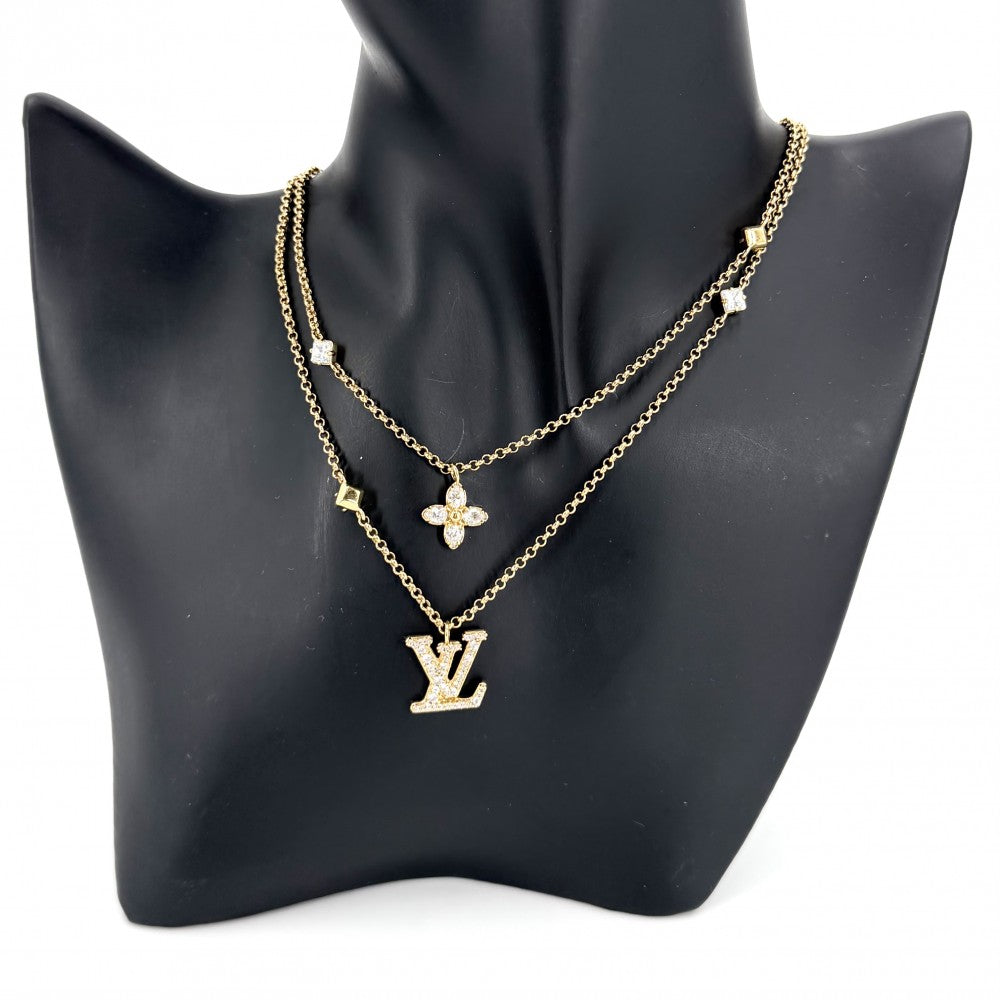 LOUIS VUITTON ルイヴィトン ネックレス レディLV アクセサリー 2連チェーン ラインストーン M01845 ゴールド レディース 約12.9g【中古品】