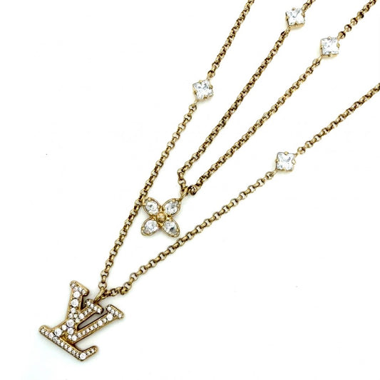 LOUIS VUITTON ルイヴィトン ネックレス レディLV アクセサリー 2連チェーン ラインストーン M01845 ゴールド レディース 約12.9g【中古品】