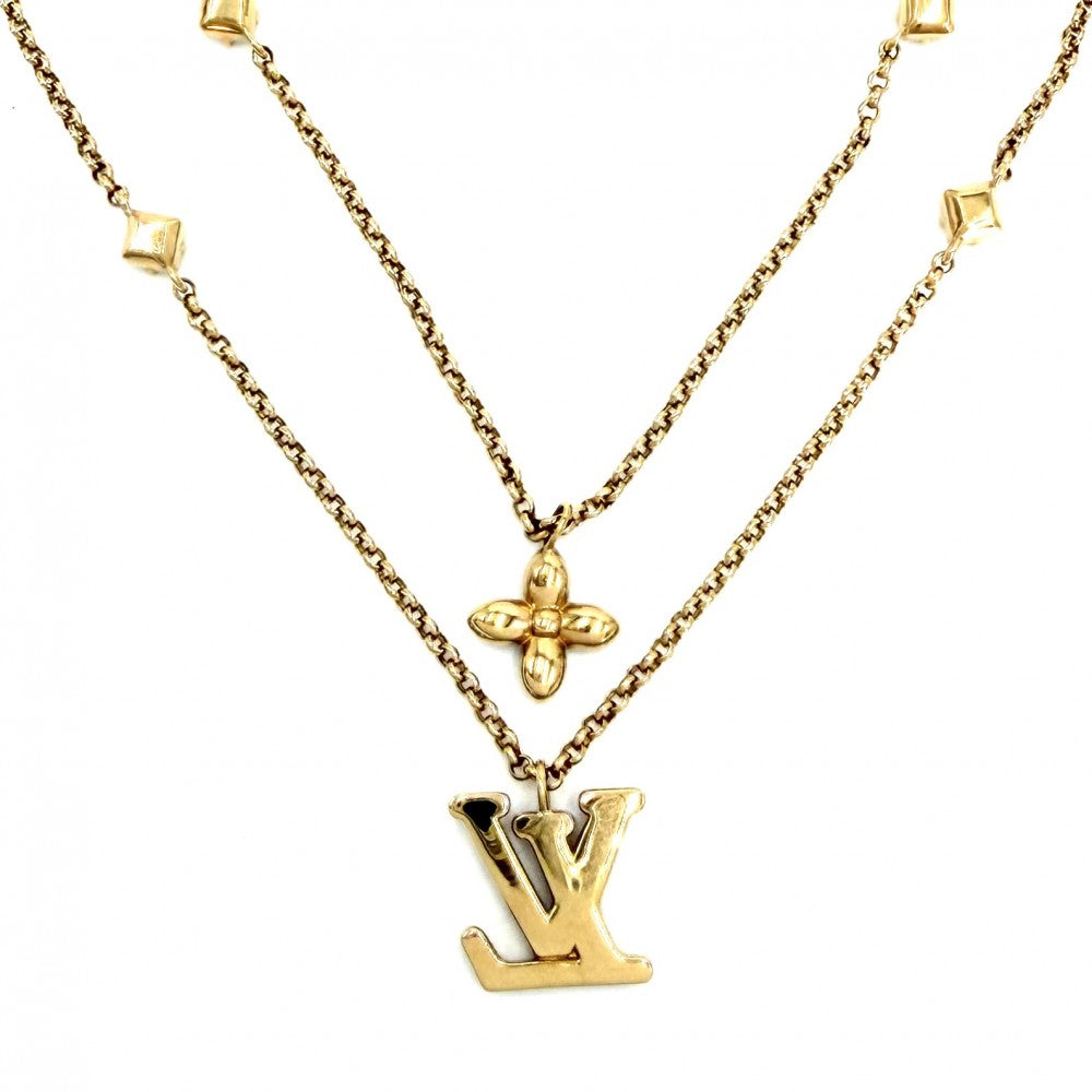 LOUIS VUITTON ルイヴィトン ネックレス レディLV アクセサリー 2連チェーン ラインストーン M01845 ゴールド レディース 約12.9g【中古品】