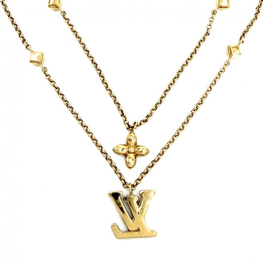 LOUIS VUITTON ルイヴィトン ネックレス レディLV アクセサリー 2連チェーン ラインストーン M01845 ゴールド レディース 約12.9g【中古品】