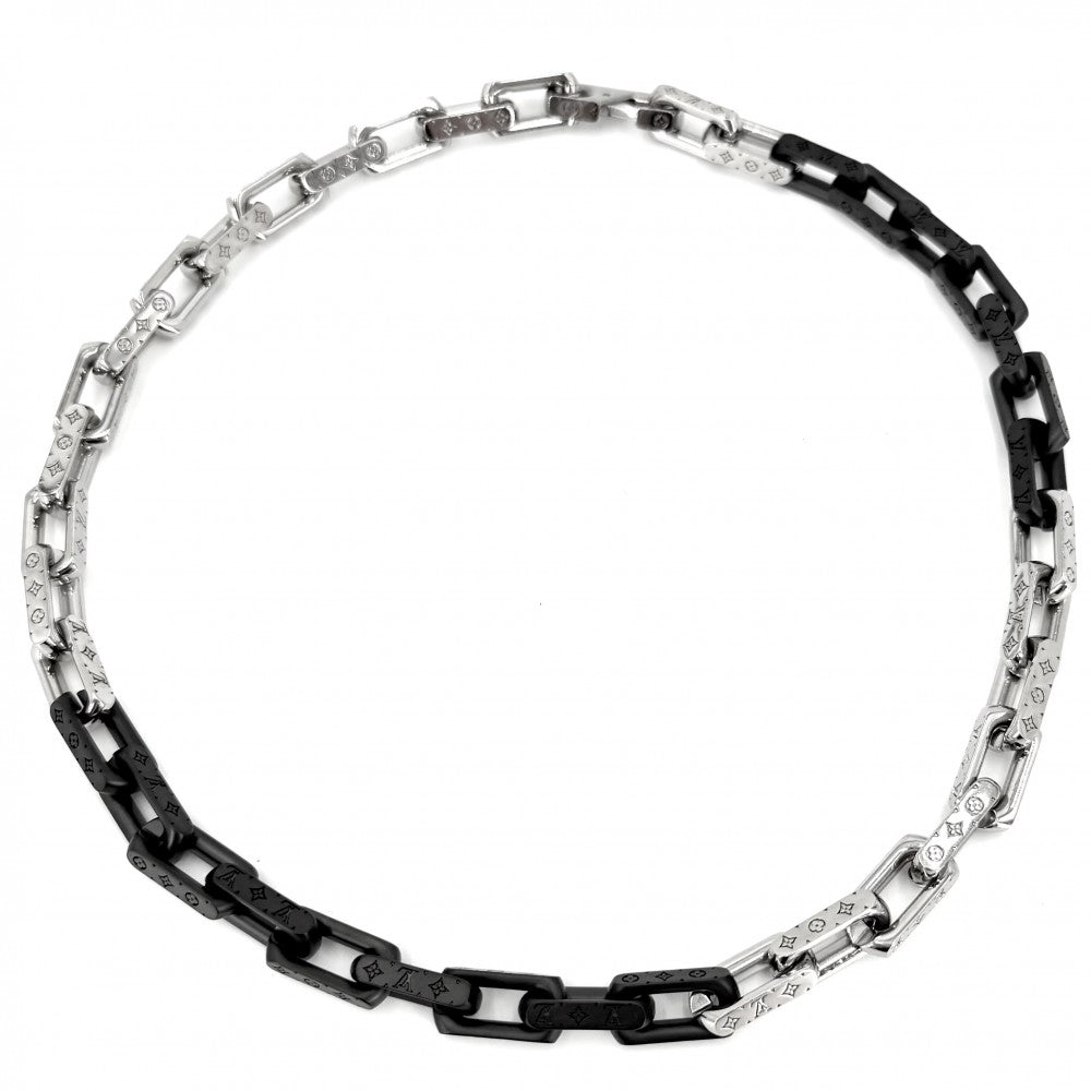 LOUIS VUITTON ルイヴィトン ネックレス モノグラムチェーン アクセサリー M00677 シルバー ブラック 黒 メンズ 約132.5g【中古品】