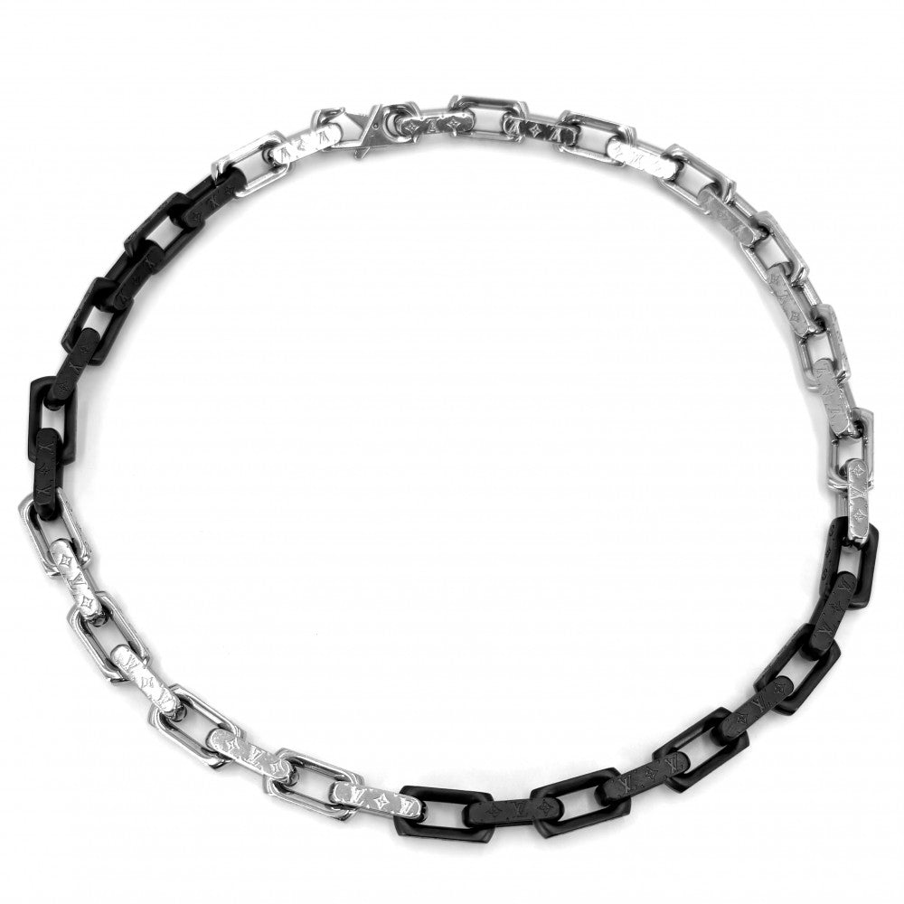 【開店SALE】 LOUIS VUITTON ルイヴィトン ネックレス モノグラムチェーン アクセサリー M00677 シルバー ブラック 黒 メンズ 約125.5g【中古品】