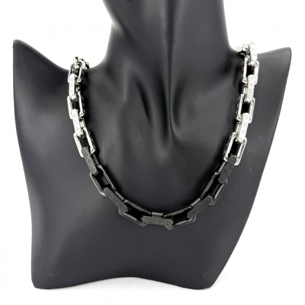 【開店SALE】 LOUIS VUITTON ルイヴィトン ネックレス モノグラムチェーン アクセサリー M00677 シルバー ブラック 黒 メンズ 約125.5g【中古品】