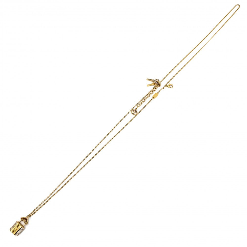 LOUIS VUITTON ルイヴィトン ネックレス 鍵モチーフ LV パドロック アクセサリー 2連チェーン ラインストーン M01593 ゴールド レディース 約18.5g【中古品】