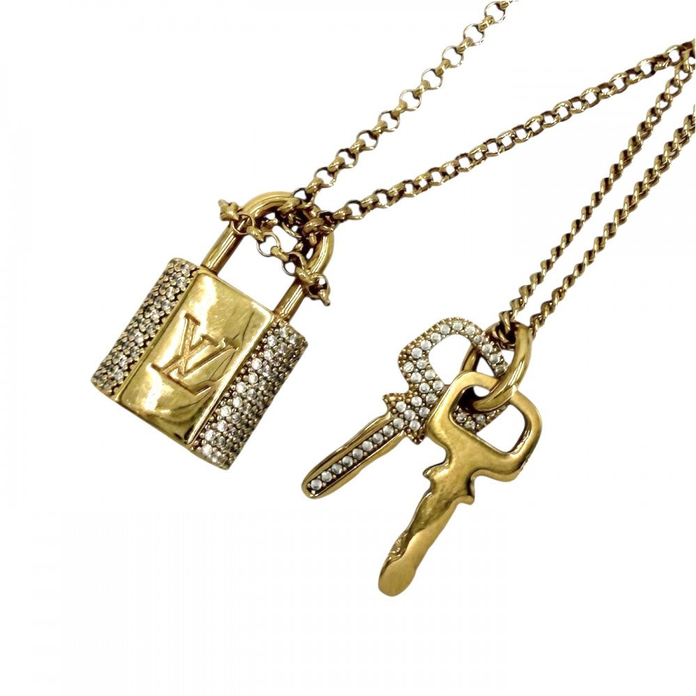 LOUIS VUITTON ルイヴィトン ネックレス 鍵モチーフ LV パドロック アクセサリー 2連チェーン ラインストーン M01593 ゴールド レディース 約18.5g【中古品】