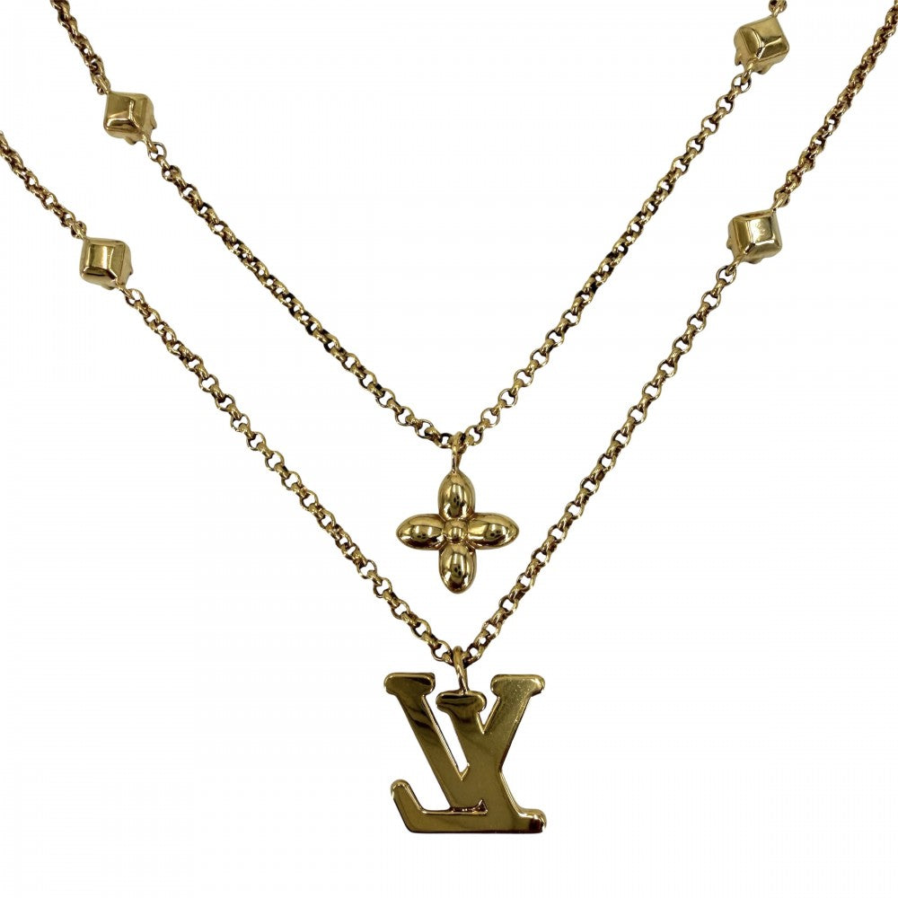 LOUIS VUITTON ルイヴィトン ネックレス レディLV アクセサリー 2連チェーン ラインストーン M01845 ゴールド レディース 約13.2g【中古品】