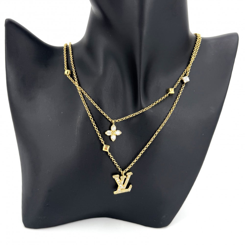 LOUIS VUITTON ルイヴィトン ネックレス レディLV アクセサリー 2連チェーン ラインストーン M01845 ゴールド レディース 約13.2g【中古品】