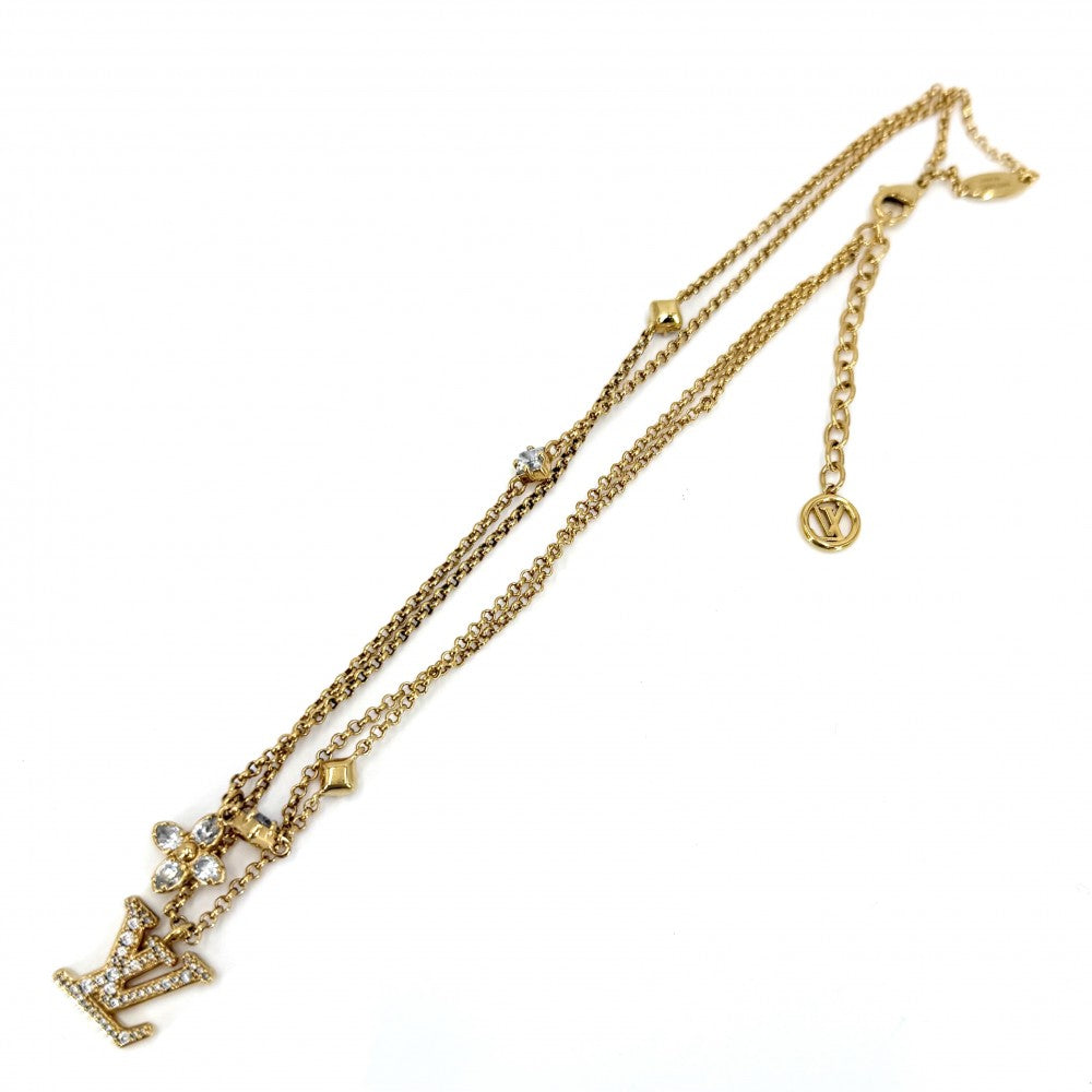 LOUIS VUITTON ルイヴィトン ネックレス レディLV アクセサリー 2連チェーン ラインストーン M01845 ゴールド レディース 約13.2g【中古品】