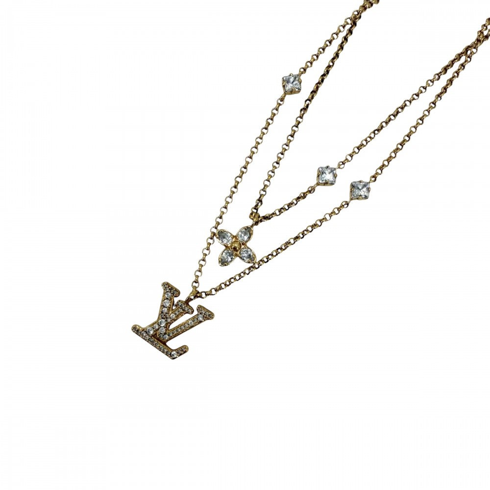 LOUIS VUITTON ルイヴィトン ネックレス レディLV アクセサリー 2連チェーン ラインストーン M01845 ゴールド レディース 約13.2g【中古品】