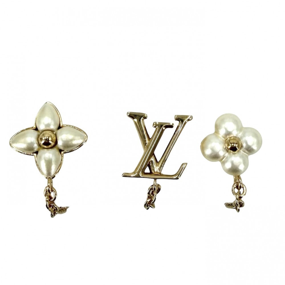 LOUIS VUITTON ルイヴィトン ピアス LVフローラグラム 3個セット アクセサリー M03015 ゴールド ホワイト 白 レディース 約4.1g【中古品】