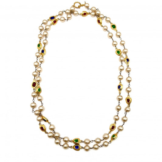 【開店SALE】 CHANEL シャネル ネックレス ロングネックレス グリポア アクセサリー ヴィンテージ GP カラーストーン フェイクパール 2 9 ゴールド マルチカラー レディース 約139.6g 1994年【中古品】