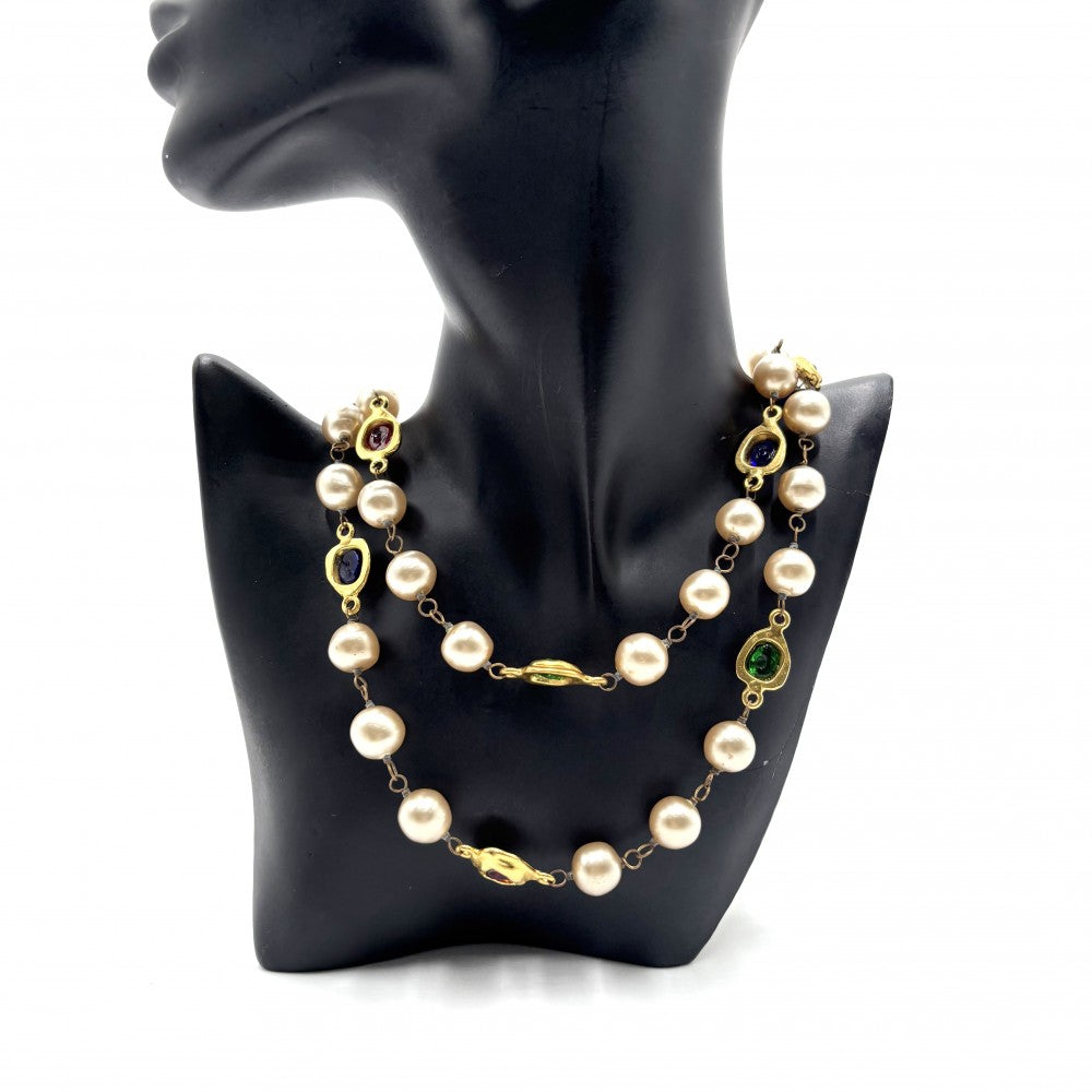 CHANEL シャネル ネックレス ロングネックレス グリポア アクセサリー ヴィンテージ GP カラーストーン フェイクパール 2 9 ゴールド マルチカラー レディース 約139.6g 1994年【中古品】