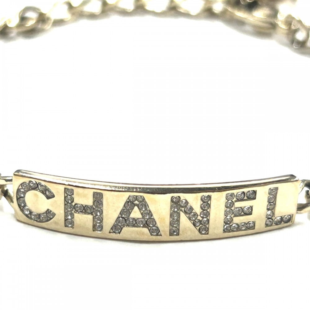 CHANEL シャネル ブレスレット チェーン ロゴプレート アクセサリー ココマーク GP ラインストーン レザー B20B ブラック 黒 ゴールド金具 レディース 約10.3g 2020年【中古品】