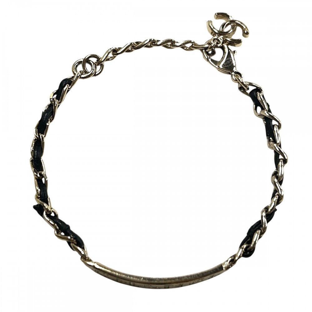 CHANEL シャネル ブレスレット チェーン ロゴプレート アクセサリー ココマーク GP ラインストーン レザー B20B ブラック 黒 ゴールド金具 レディース 約10.3g 2020年【中古品】
