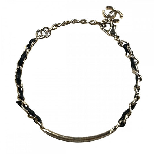 CHANEL シャネル ブレスレット チェーン ロゴプレート アクセサリー ココマーク GP ラインストーン レザー B20B ブラック 黒 ゴールド金具 レディース 約10.3g 2020年【中古品】
