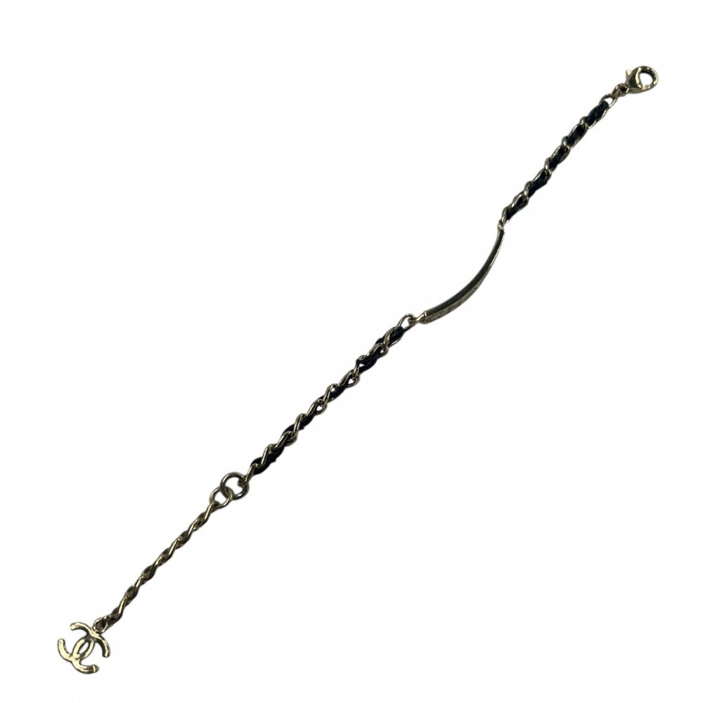 【開店SALE】 CHANEL シャネル ブレスレット チェーン ロゴプレート アクセサリー ココマーク GP ラインストーン レザー B20B ブラック 黒 ゴールド金具 レディース 約10.3g 2020年【中古品】