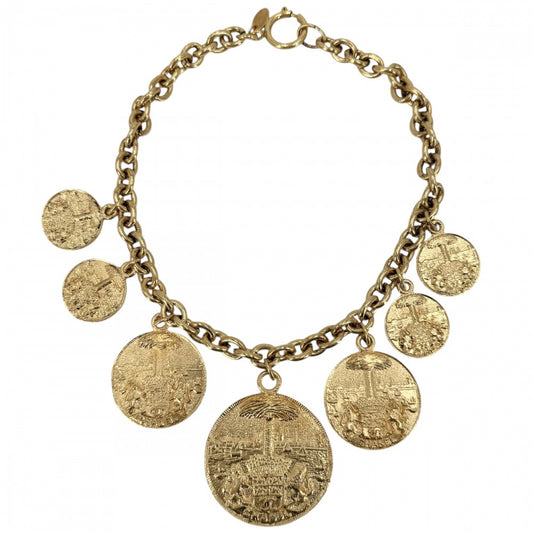 【開店SALE】 CHANEL シャネル ネックレス ココマーク ココ チェーン ヴィンテージ ラウンド コインモチーフ メダル アクセサリー GP ゴールド レディース 約118.2g【中古品】