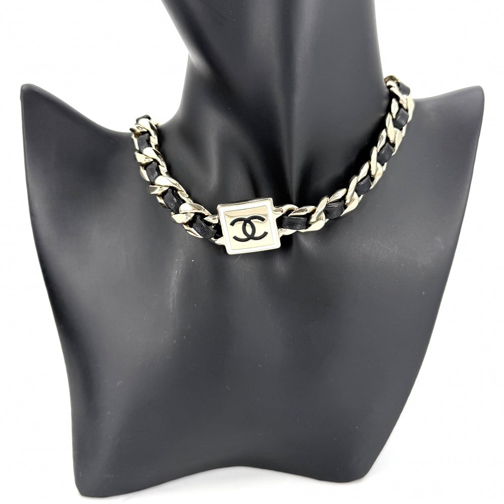 CHANEL シャネル チョーカー ココマーク チェーン アクセサリー ネックレス GP レザー B21B ゴールド ブラック 黒 レディース 約71.7g 2021年【中古品】