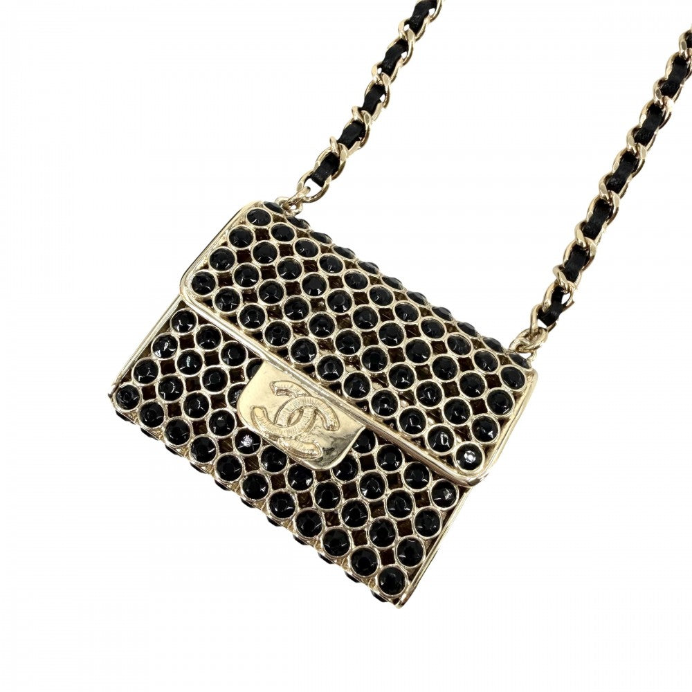 CHANEL シャネル ネックレス ココマーク マトラッセモチーフ アクセサリー バッグ チェーン ロング ペンダント ヴィンテージ
 GP ラインストーン レザー ABA680 ゴールド レディース 約110.9g 1995年【中古品】