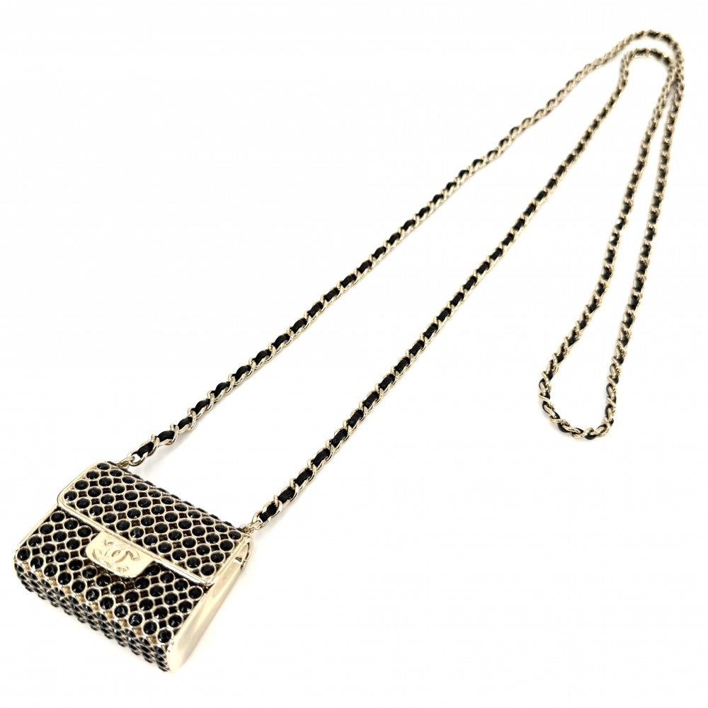 CHANEL シャネル ネックレス ココマーク マトラッセモチーフ アクセサリー バッグ チェーン ロング ペンダント ヴィンテージ
 GP ラインストーン レザー ABA680 ゴールド レディース 約110.9g 1995年【中古品】