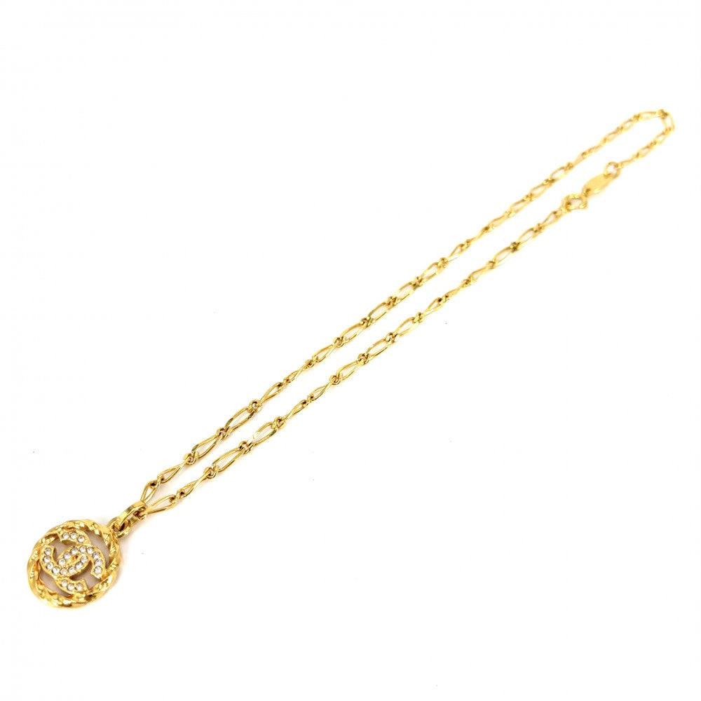 CHANEL シャネル ネックレス ココマーク サークル アクセサリー ヴィンテージ　 チェーン GP ラインストーン ゴールド レディース 約8.0g 1982年【中古品】