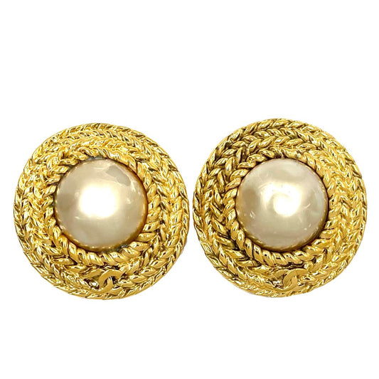 【開店SALE】 CHANEL シャネル イヤリング チェーンデザイン ラウンド ココマーク ココ アクセサリー GP フェイクパール ゴールド ホワイト 白 レディース 約33.0g【中古品】