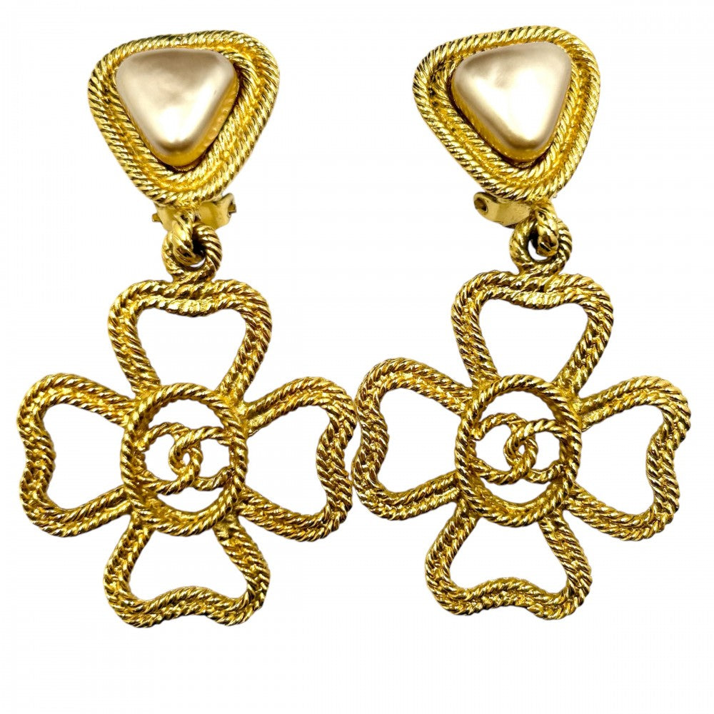CHANEL シャネル イヤリング ココマーク アクセサリー クローバー ココ ヴィンテージ ゴールド GP フェイクパール 2 8 レディース 約24.5g 1993年【中古品】
