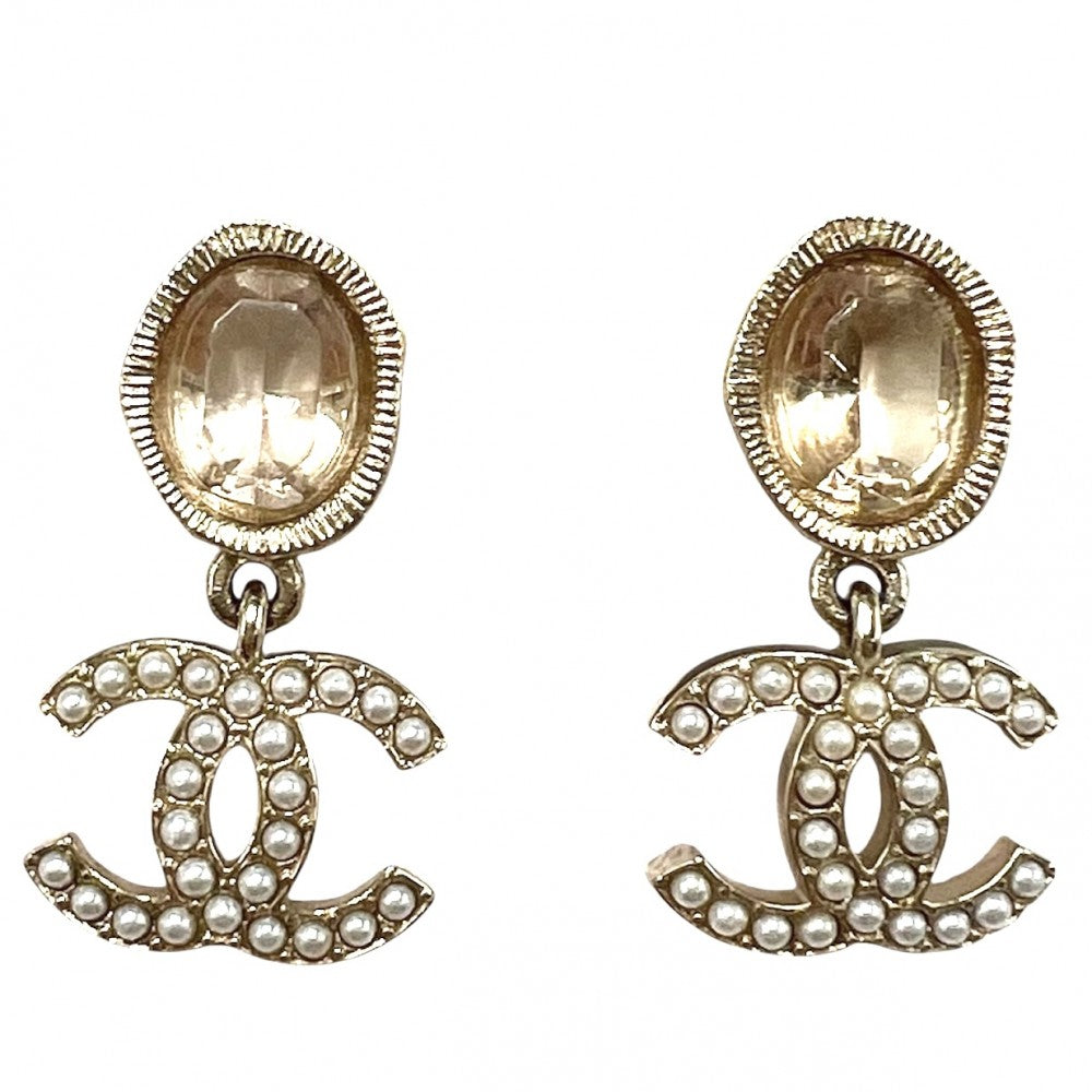 【開店SALE】 CHANEL シャネル ピアス ココマーク アクセサリー スイング GP フェイクパール ラインストーン A21B シャンパンゴールド レディース 約7.9g 2021年【中古品】