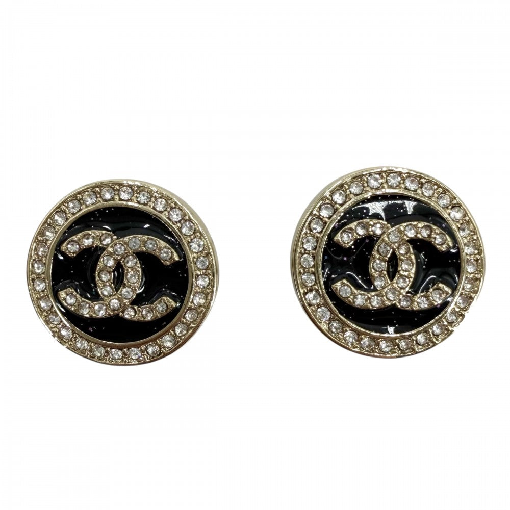 【開店SALE】 CHANEL シャネル ピアス ココマーク アクセサリー ラウンド 25/26AW ラインストーン GP B25B ゴールド ブラック 黒 レディース 約11.5g 2025年【中古品】