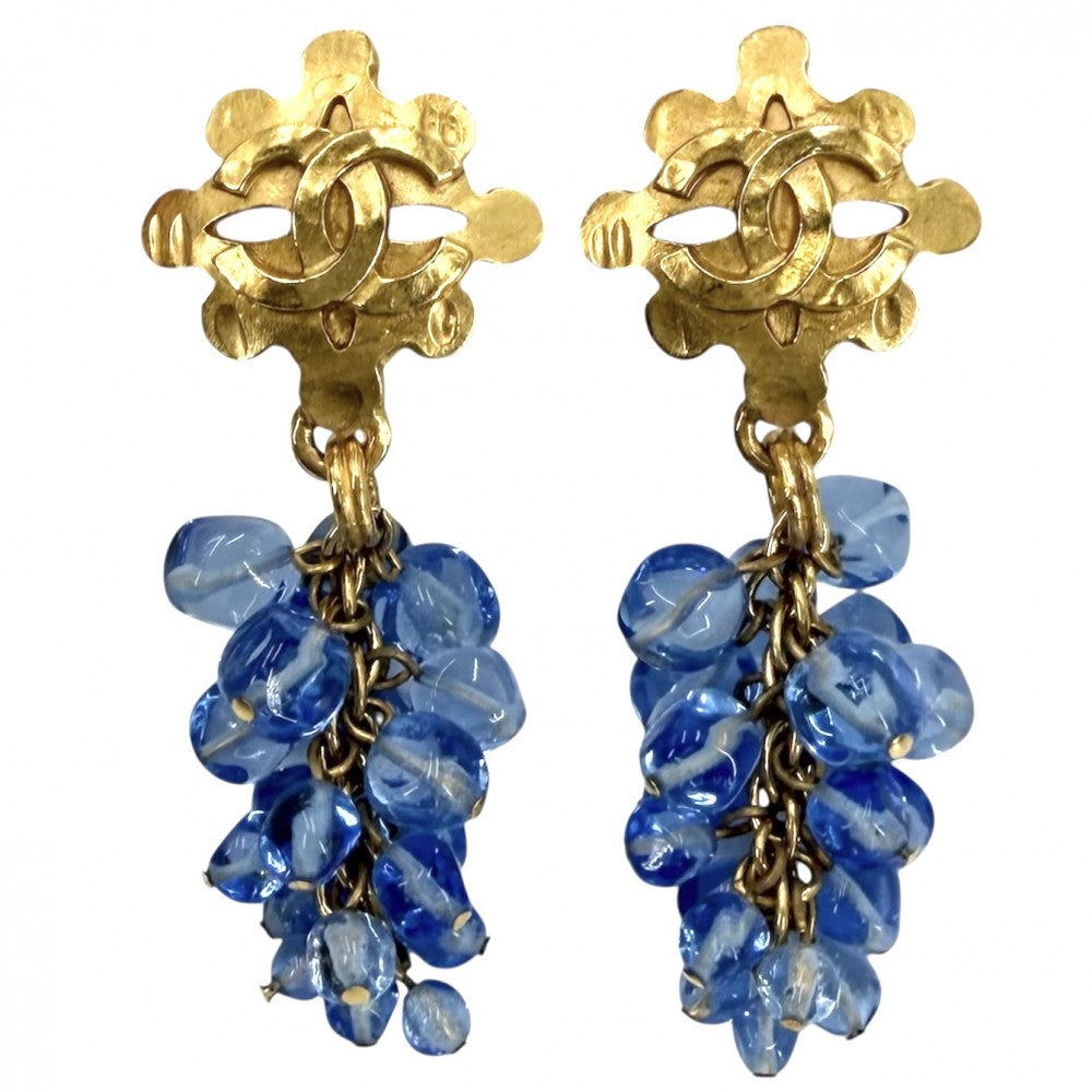 【開店SALE】 CHANEL シャネル イヤリング スイング アクセサリー ヴィンテージ ココマーク GP ビーズ 94P ゴールド ブルー 青 レディース 約44.6g 1994年【中古品】
