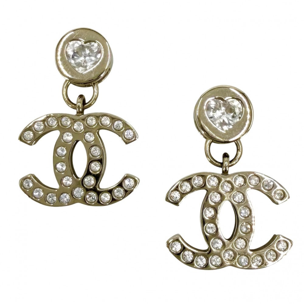 【開店SALE】 CHANEL シャネル ピアス ココマーク スイング アクセサリー ハート GP ラインストーン B24B ゴールド レディース 約10.7g 2024年【中古品】