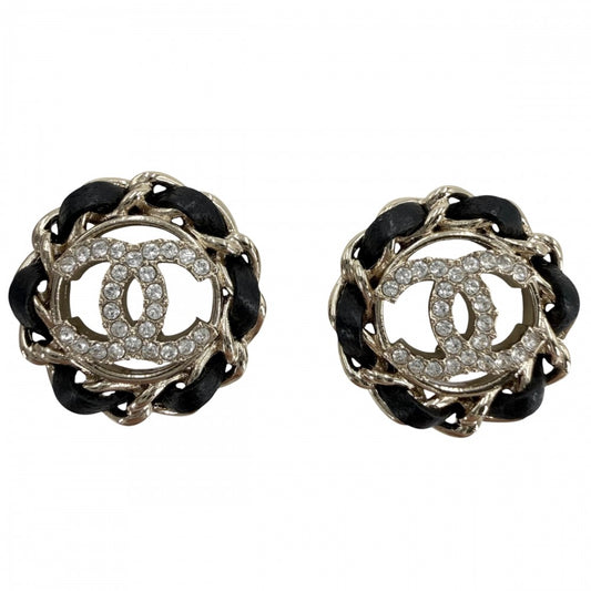 CHANEL シャネル ピアス チェーン ココマーク アクセサリー GP レザー ラインストーン B26V ゴールド ブラック 黒 レディース 約5.0g 2026年【中古品】